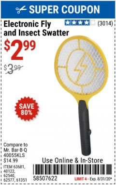Harbor Freight Coupon ELECTRIC FLY SWATTER Lot No. 61351/40122/62540/62577 Expired: 8/31/20 - $2.99