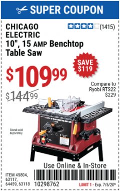 Harbor Freight Coupon CHICAGO ELECTRIC 10", 15 AMP BENCHTOP TABLE SAW Lot No. 45804, 63117, 64459, 63118 Expired: 7/5/20 - $109.99