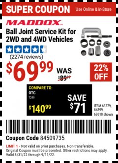 Harbor Freight Coupon MADDOX BALL JOINT SERVICE KIT FOR 2WD AND 4WD VEHICLES Lot No. 63610, 63279, 64399 Expired: 9/11/22 - $69.99