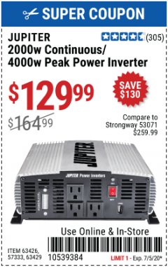Harbor Freight Coupon JUPITER 2000W CONTINUOUS/4000W PEAK POWER INVERTER Lot No. 63426, 57333, 63429 Expired: 7/5/20 - $129.99