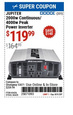 Harbor Freight Coupon JUPITER 2000W CONTINUOUS/4000W PEAK POWER INVERTER Lot No. 63426, 57333, 63429 Expired: 8/31/20 - $119.99