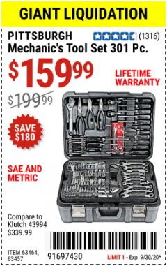 Harbor Freight Coupon PITTSBURGH 301 PIECE MASTER MECHANIC'S TOOL KIT Lot No. 63464, 63457, 45951 Expired: 9/30/20 - $159.99