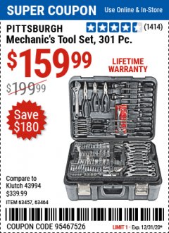 Harbor Freight Coupon PITTSBURGH 301 PIECE MASTER MECHANIC'S TOOL KIT Lot No. 63464, 63457, 45951 Expired: 12/31/20 - $159.99
