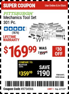 Harbor Freight Coupon PITTSBURGH 301 PIECE MASTER MECHANIC'S TOOL KIT Lot No. 63464, 63457, 45951 Expired: 4/7/22 - $169.99