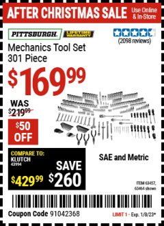 Harbor Freight Coupon PITTSBURGH 301 PIECE MASTER MECHANIC'S TOOL KIT Lot No. 63464, 63457, 45951 Expired: 1/8/23 - $169.99