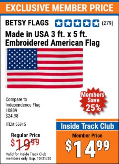 Harbor Freight ITC Coupon 3 FT X 5 FT AMERICAN FLAG WITH EMBROIDERED STARS Lot No. 56915 Expired: 10/31/20 - $14.99