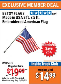 Harbor Freight ITC Coupon 3 FT X 5 FT AMERICAN FLAG WITH EMBROIDERED STARS Lot No. 56915 Expired: 2/25/21 - $14.99