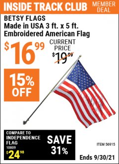 Harbor Freight ITC Coupon 3 FT X 5 FT AMERICAN FLAG WITH EMBROIDERED STARS Lot No. 56915 Expired: 9/30/21 - $16.99
