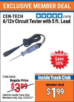 Harbor Freight ITC Coupon CEN-TECH 6/12V CIRCUIT TESTER WITH 5FT LEAD Lot No. 30779/61652/63603 Expired: 3/25/21 - $1.99