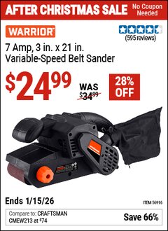 Harbor Freight Coupon WARRIOR 7 AMP, 3 IN. X 21 IN. VARIABLE-SPEED BELT SANDER Lot No. 56916 Valid Thru: 1/15/26 - $24.99