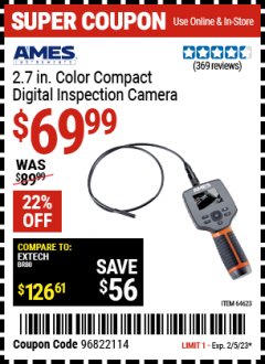 Harbor Freight Coupon AMES 2.7" COLOR COMPACT DIGITAL INSPECTION CAMERA Lot No. 64623 Expired: 2/5/23 - $69.99