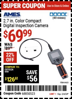 Harbor Freight Coupon AMES 2.7" COLOR COMPACT DIGITAL INSPECTION CAMERA Lot No. 64623 Expired: 2/4/24 - $69.99