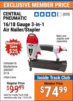 Harbor Freight ITC Coupon 16/18 GAUGE 3-IN-1 NAILER/STAPLER Lot No. 61809/61694/68057 Expired: 10/31/20 - $74.99
