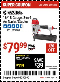 Harbor Freight Coupon 16/18 GAUGE 3-IN-1 NAILER/STAPLER Lot No. 61809/61694/68057 Expired: 10/2/22 - $79.99