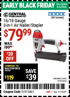 Harbor Freight Coupon 16/18 GAUGE 3-IN-1 NAILER/STAPLER Lot No. 61809/61694/68057 Expired: 11/13/22 - $79.99