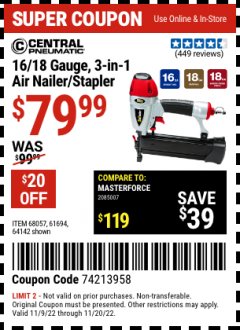 Harbor Freight Coupon 16/18 GAUGE 3-IN-1 NAILER/STAPLER Lot No. 61809/61694/68057 Expired: 11/20/22 - $79.99