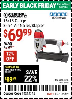 Harbor Freight Coupon 16/18 GAUGE 3-IN-1 NAILER/STAPLER Lot No. 61809/61694/68057 Expired: 11/22/23 - $69.99