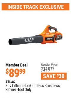 Harbor Freight ITC Coupon ATLAS 80V LITHIUM-ION BRUSHLESS BLOWER Lot No. 56994 Expired: 4/29/21 - $89.99