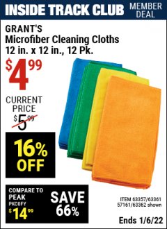 Harbor Freight ITC Coupon GRANT'S 12" X 12" MICROFIBER CLEANING CLOTHS PACK OF 12 Lot No. 63357/63361/57161/63362 Expired: 1/6/22 - $4.99