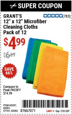 Harbor Freight Coupon GRANT'S 12" X 12" MICROFIBER CLEANING CLOTHS PACK OF 12 Lot No. 63357/63361/57161/63362 Expired: 7/31/20 - $4.99