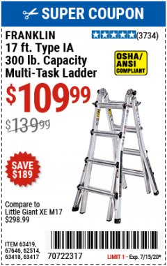 Harbor Freight Coupon FRANKLIN 17 FT. TYPE IA 300 LB. CAPACITY MULTI-TASK LADDER Lot No. 63419/67646/62514/63418/63417 Expired: 7/15/20 - $109.99