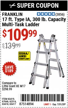 Harbor Freight Coupon FRANKLIN 17 FT. TYPE IA 300 LB. CAPACITY MULTI-TASK LADDER Lot No. 63419/67646/62514/63418/63417 Expired: 7/31/20 - $109.99