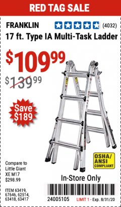 Harbor Freight Coupon FRANKLIN 17 FT. TYPE IA 300 LB. CAPACITY MULTI-TASK LADDER Lot No. 63419/67646/62514/63418/63417 Expired: 8/31/20 - $109.99