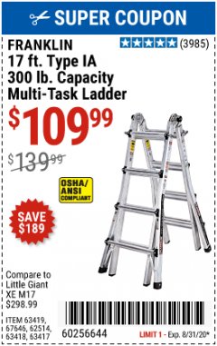 Harbor Freight Coupon FRANKLIN 17 FT. TYPE IA 300 LB. CAPACITY MULTI-TASK LADDER Lot No. 63419/67646/62514/63418/63417 Expired: 8/31/20 - $109.99
