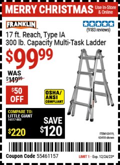 Harbor Freight Coupon FRANKLIN 17 FT. TYPE IA 300 LB. CAPACITY MULTI-TASK LADDER Lot No. 63419/67646/62514/63418/63417 Expired: 12/24/23 - $99.99