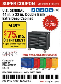 Harbor Freight Coupon U.S. GENERAL 44" X 22" DOUBLE BANK EXTRA DEEP CABINETS (ALL COLORS) Lot No. 64446/64443/64281/64954/64955/64956 Expired: 10/31/20 - $449.99