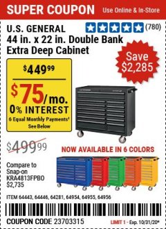Harbor Freight Coupon U.S. GENERAL 44" X 22" DOUBLE BANK EXTRA DEEP CABINETS (ALL COLORS) Lot No. 64446/64443/64281/64954/64955/64956 Expired: 10/31/20 - $449.99
