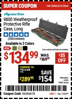 Harbor Freight Coupon APACHE 9800 WATERPROOF PROTECTIVE RIFLE CASES (BLACK/TAN) Lot No. 64520/56862 Expired: 7/4/22 - $134.99