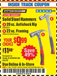Harbor Freight ITC Coupon SOLID STEEL HAMMERS Lot No. 60517 Expired: 7/31/20 - $9.99