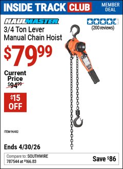 Harbor Freight Coupon HAUL-MASTER 3/4 TON LEVER MANUAL CHAIN HOIST Lot No. 96482 Valid: 12/31/69 - 4/30/26 - $79.99