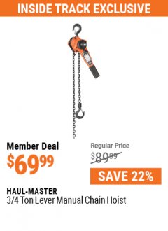 Harbor Freight Coupon HAUL-MASTER 3/4 TON LEVER MANUAL CHAIN HOIST Lot No. 96482 Expired: 7/1/21 - $69.99