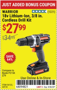 Harbor Freight Coupon WARRIOR 18V LITHIUM-ION 3/8" DRILL/DRIVER KIT Lot No. 56122/64118 Expired: 9/30/20 - $27.99