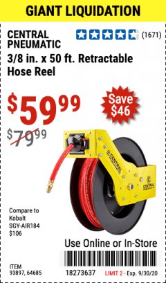 Harbor Freight Coupon CENTRAL PNEUMATIC 3/8" X 50 FT. RETRACTABLE AIR HOSE REEL Lot No. 64685, 93897 Expired: 9/30/20 - $59.99