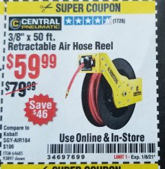 Harbor Freight Coupon CENTRAL PNEUMATIC 3/8" X 50 FT. RETRACTABLE AIR HOSE REEL Lot No. 64685, 93897 Expired: 1/8/21 - $59.99