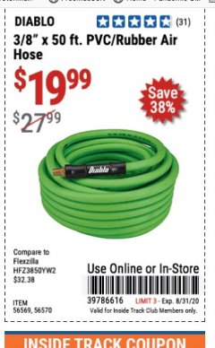 Harbor Freight ITC Coupon DIABLO 3/8” X 50’ PVC RUBBER AIR HOSE Lot No. 56569, 56570 Expired: 8/31/20 - $19.99