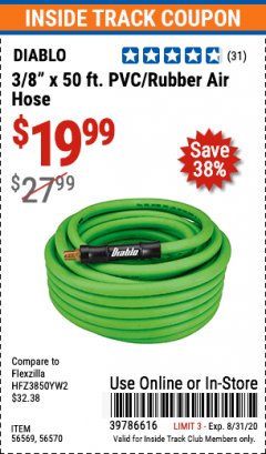 Harbor Freight ITC Coupon DIABLO 3/8” X 50’ PVC RUBBER AIR HOSE Lot No. 56569/56570 Expired: 8/31/20 - $19.99