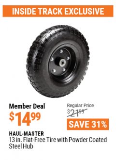 Harbor Freight ITC Coupon 13" FLAT-FREE TIRE WITH STEEL HUB Lot No. 61606, 91014 Expired: 4/29/21 - $14.99