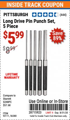 Harbor Freight ITC Coupon LONG DRIVE PIN PUNCH SET, 5 PIECE Lot No. 93111, 56380 Expired: 8/31/20 - $5.99