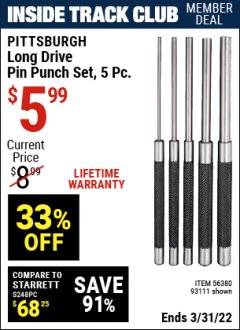Harbor Freight ITC Coupon LONG DRIVE PIN PUNCH SET, 5 PIECE Lot No. 93111, 56380 Expired: 3/31/22 - $5.99