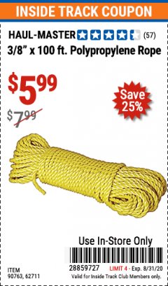 Harbor Freight ITC Coupon 3/8" X 100 FT. POLYPROPYLENE ROPE Lot No. 90763/62711 Expired: 8/31/20 - $5.99