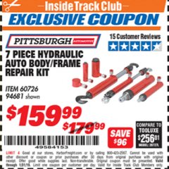 Harbor Freight ITC Coupon 7 PIECE HYDRAULIC AUTO BODY/FRAME REPAIR KIT Lot No. 60726/94681 Expired: 1/31/19 - $159.99