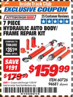Harbor Freight ITC Coupon 7 PIECE HYDRAULIC AUTO BODY/FRAME REPAIR KIT Lot No. 60726/94681 Expired: 11/30/19 - $159.99