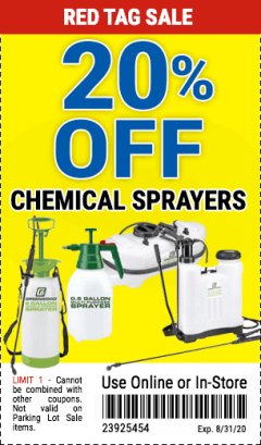 Harbor Freight Coupon 20PCT OFF CHEMICAL SPRAYERS Lot No. 56167/95690/61281/63134/63092/65040/61368/63036/61263/9583/96302 Expired: 8/31/20 - $20.99