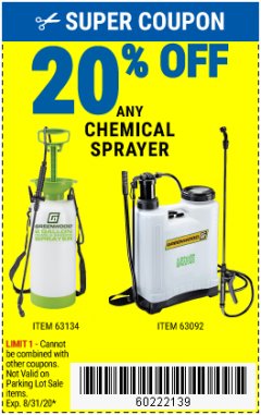 Harbor Freight Coupon 20PCT OFF CHEMICAL SPRAYERS Lot No. 56167/95690/61281/63134/63092/65040/61368/63036/61263/9583/96302 Expired: 8/31/20 - $20