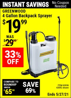 Harbor Freight Coupon 20PCT OFF CHEMICAL SPRAYERS Lot No. 56167/95690/61281/63134/63092/65040/61368/63036/61263/9583/96302 Expired: 4/29/21 - $19.99