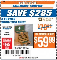 Harbor Freight ITC Coupon EIGHT DRAWER WOOD TOOL CHEST Lot No. 62585/94538 Expired: 12/11/18 - $59.99